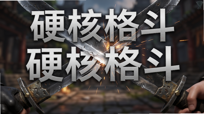 主体为永劫无间手游中的近身格斗特写,布局聚焦于两把交错的刀剑,背景虚化,排版紧凑,风格为写实动作捕捉,细节展现金属质感与火花,画质高清,干净,无多余元素,文字“硬核格斗”