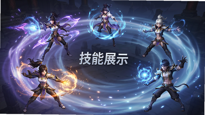主体为永劫无间手游多个角色技能释放瞬间,布局为环绕式,背景为技能特效光晕,排版均衡,风格为魔法特效渲染,细节展现粒子效果,画质细腻,干净,无多余元素,文字“技能展示”
