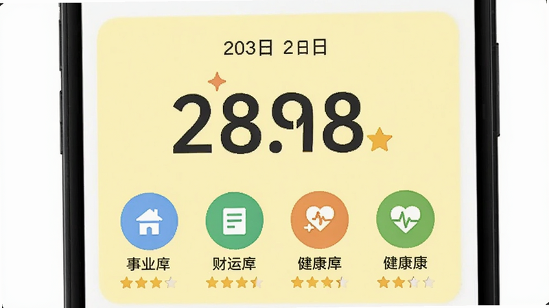 手机界面展示每日运势卡片,顶部显示日期,中间是大号数字评分,下方是四个圆形图标分别代表事业财运感情健康,图标旁有星级评分,背景为淡黄色,文字清晰,扁平风格,高清,干净