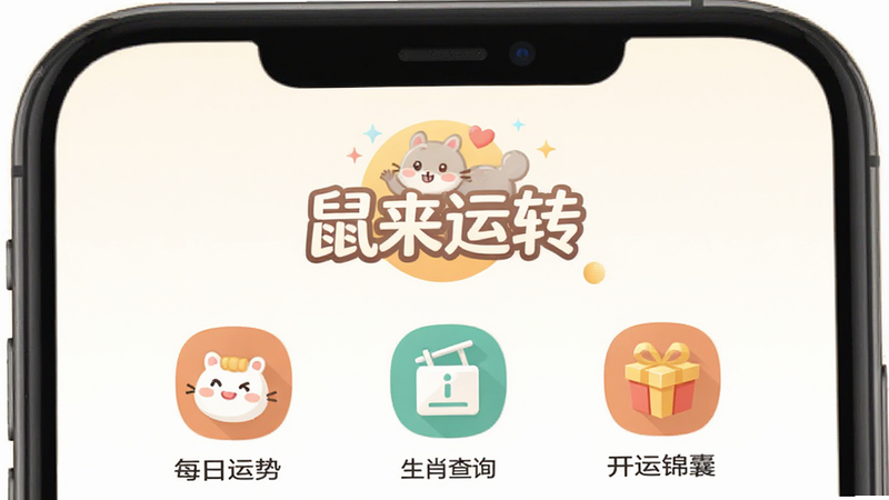 主体为手机应用界面截图,背景为干净的米白色渐变,中央显示“鼠来运转”Logo,下方排列三个功能入口图标,分别是每日运势、生肖查询、开运锦囊,整体风格扁平化设计,色彩柔和温馨,高清,无多余元素