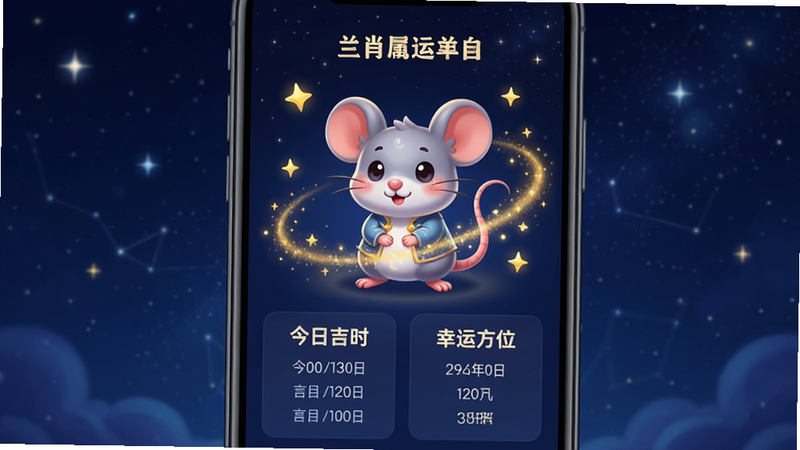 手机界面展示生肖鼠的专属运势卡片,背景为深蓝色星空,中央有一只卡通老鼠形象,周围环绕着金色星光,下方显示“今日吉时”和“幸运方位”,风格梦幻,高清,无多余元素
