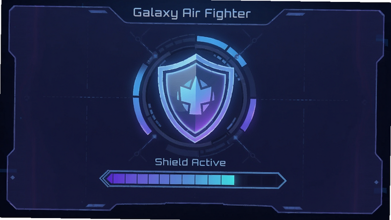 主体为Galaxy Air Fighter的技能界面展示,布局为UI界面设计,中央显示护盾图标与能量条,排版清晰,风格为科技感蓝紫色调,细节展示UI光晕效果,画质清晰,干净,无多余元素,文字