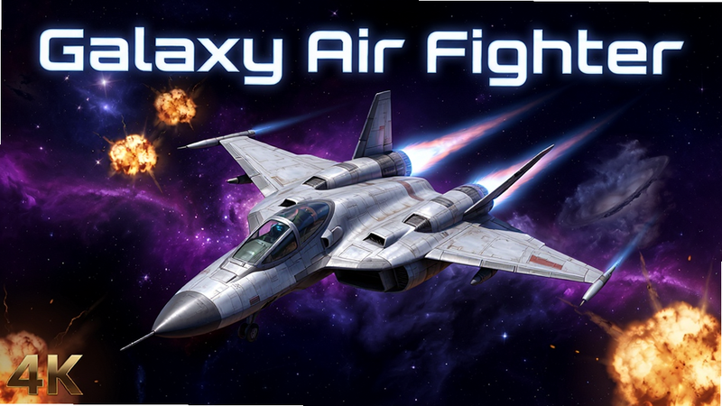 主体为Galaxy Air Fighter游戏的主视觉海报,布局采用中心构图,一架银白色科幻战机居中飞行,背景是深邃的星云与紫色星系,排版简洁大气,风格为赛博朋克与写实结合,细节丰富,展示战机尾焰与周围爆炸火球,画质4K高清,干净,无多余元素,文字