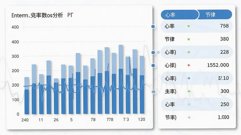 主体为心电数据分析界面,布局左右分栏,左侧是柱状图展示心率变化趋势,右侧是详细的数据列表,包含