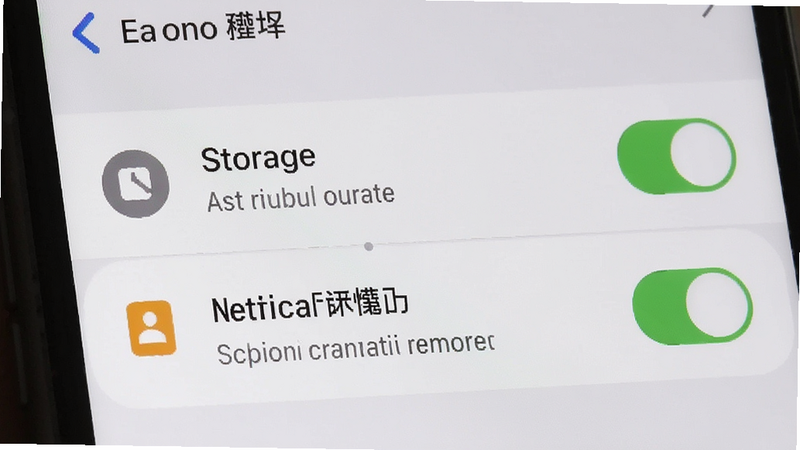 主体为手机设置界面截图,布局展示应用权限管理页面,高亮显示存储和通知权限开关,风格为系统原生 UI,细节包含权限图标、开关状态,画质清晰,操作指引明确,无多余弹窗