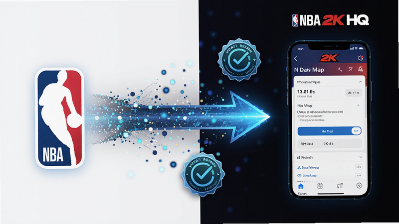 主体为数据同步流程图,布局采用左右对比结构,左侧展示 NBA 官网数据源图标,右侧展示 NBA 2K HQ 应用内的数据更新界面,中间通过动态箭头连接,风格科技感十足,细节包含数据流粒子效果、实时刷新徽章,画质清晰,布局整齐,无杂乱背景