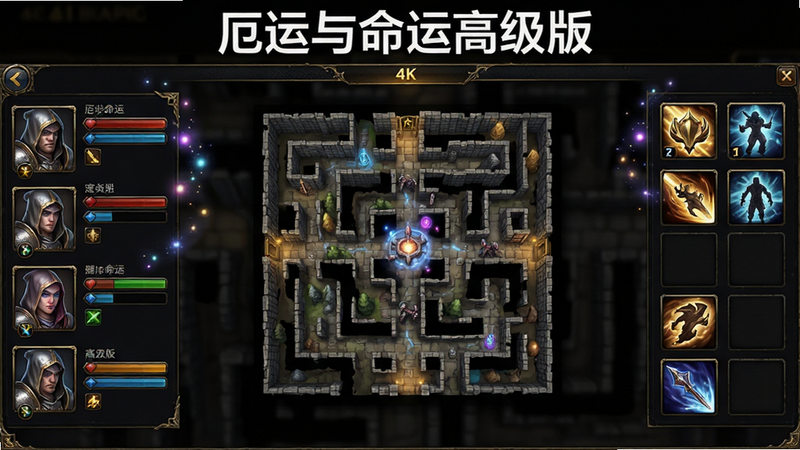 Boogu-Image: 主体为《厄运与命运高级版》游戏主界面截图,布局清晰展示左侧角色状态栏、中央迷宫地图预览、右侧技能快捷栏;排版采用深色UI背景搭配金色高光点缀,风格为高品质写实手绘风,细节处体现金属质感装备与魔法粒子特效,画质4k高清,干净无多余元素,文字标签“厄运与命运高级版”以白色无衬线字体居中显示在顶部。