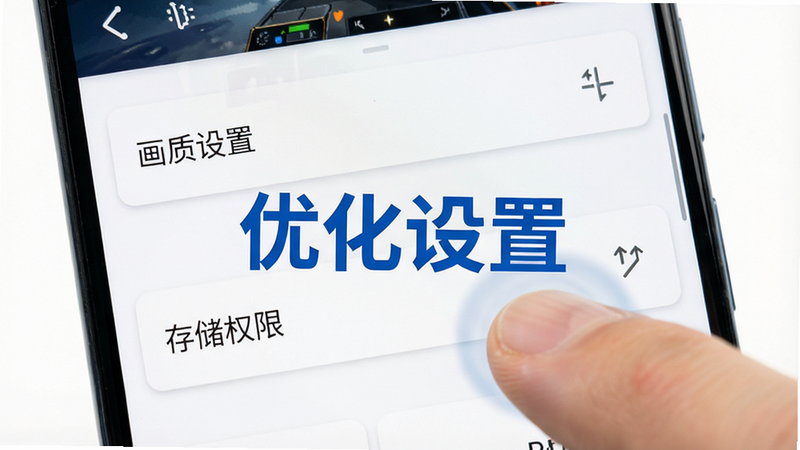 Boogu-Image: 主体为安卓手机屏幕特写,显示游戏设置界面,布局突出“画质设置”与“存储权限”选项,排版简洁明了,风格为现代UI设计,细节展示手指点击操作的动态模糊效果,画质清晰,干净白色背景,文字“优化设置”以蓝色粗体显示在屏幕中央。