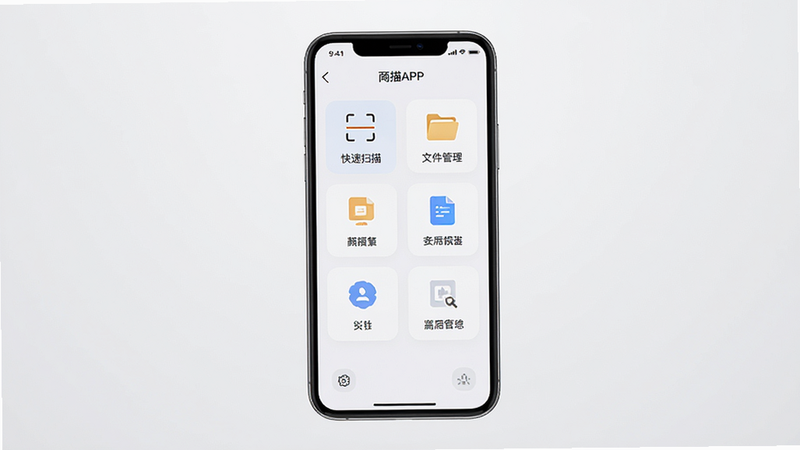 ��ɨ��APP������ȫ��չʾ���ֻ����У�����Ϊ�ɾ���ǳ��ɫ���䣬��Ļ��ʾ��ҳ����ͼ�꣬����������ɨ�衱�����ļ��������ȣ���������������ִ���Լ�����壬�޶���Ԫ��