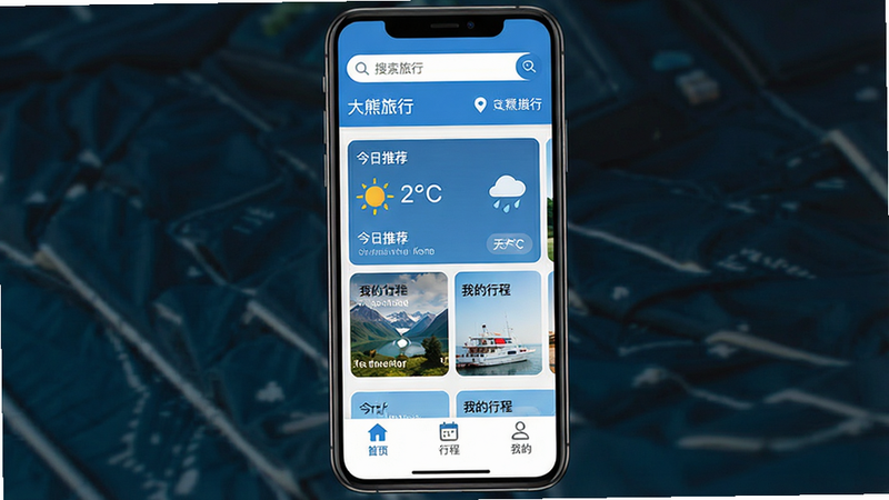 大熊旅行安卓应用主界面展示,主体为手机屏幕,布局居中,顶部显示搜索栏与定位信息,中部为今日天气与推荐目的地卡片,底部为导航、行程、我的三大核心标签,整体风格清新扁平化,色彩以蓝色与白色为主,细节清晰,高清画质,干净背景,无多余元素,文字标签为“大熊旅行”、“今日推荐”、“我的行程”
