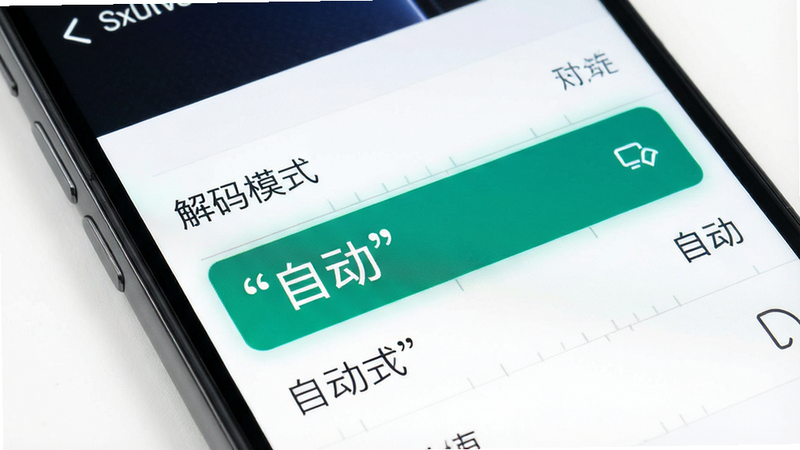 主体:手机屏幕显示设置界面,布局:列表式选项,排版:清晰层级,风格:UI设计稿,细节:高亮显示“解码模式”选项,文字“自动”加引号,画质:高清,干净,无多余元素