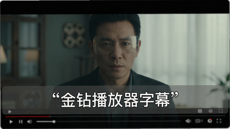主体:视频播放界面叠加半透明字幕层,布局:字幕位于画面下方三分之一处,排版:清晰易读,风格:电影质感,细节:字幕文字“金钻播放器字幕”加引号,画质:锐利,干净,无多余元素