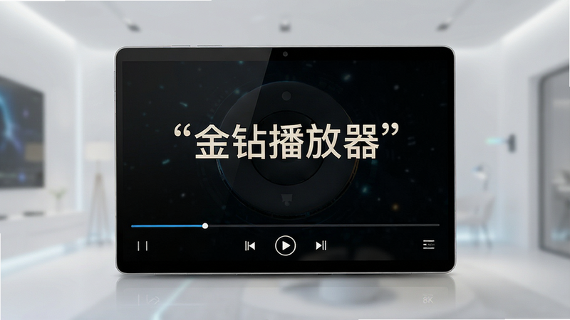 主体:金钻播放器安卓应用界面全景图,布局:居中显示主播放窗口,底部为简洁控制栏,排版:极简主义风格,风格:现代科技风,细节:界面元素清晰,文字“金钻播放器”加引号,画质:8k高清,干净,无多余元素