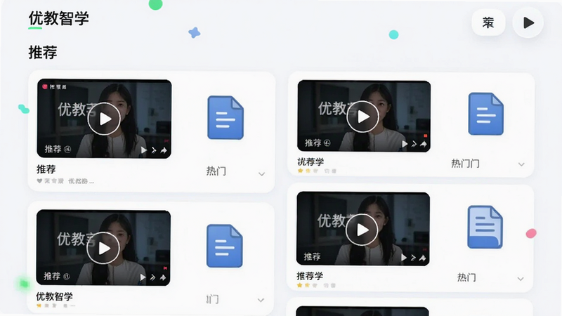 ����Ϊ�Ž���ѧ����Դ�Ƽ�ҳ�棬��Ƭʽ����չʾ��Ƶ�������ĵ�ͼ�꣬����Ϊ˫���ٲ������Ű�������£����Ϊ�����ִ���ϸ�ڴ��в��Ű�ť����Ч��������ϸ�壬�ɾ����������ݰ���