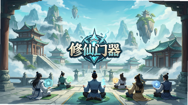 修仙道门模拟器(TapTap测试版)游戏主界面全景图,展示宏伟的仙侠风格宗门建筑,云雾缭绕,前景有数名身着各色道袍的弟子正在打坐修炼,背景是连绵的仙山与漂浮的岛屿,画面中心悬浮着游戏Logo,整体色调为青蓝色与白色,风格清新典雅,高清渲染,无多余文字装饰