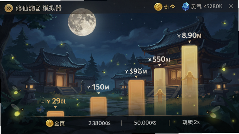 修仙道门模拟器(TapTap测试版)离线收益界面,显示金币、灵气等资源数字增长动画,背景是静谧的夜间宗门景象,月亮高悬,萤火虫飞舞,界面简洁明了,突出挂机收益的便捷性,色调温馨,无复杂元素