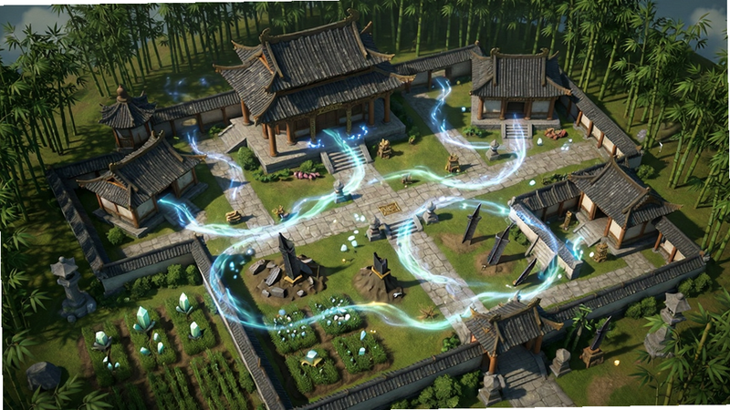 修仙道门模拟器(TapTap测试版)宗门建设规划图,俯视视角展示各种仙侠建筑分布,包括主殿、丹房、剑冢等,建筑间有灵气流动的光效连接,周围环绕着灵田与竹林,整体布局错落有致,体现自由规划理念,风格写实,光影效果自然