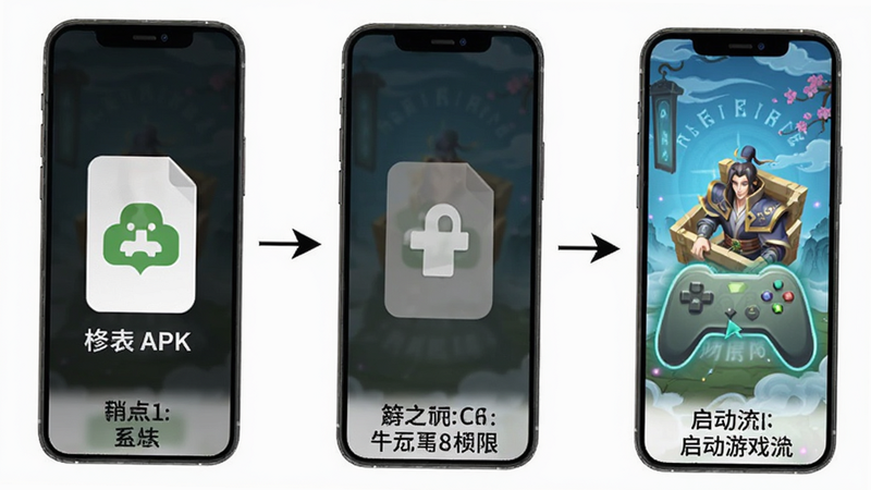 修仙道门模拟器(TapTap测试版)安装步骤示意图,展示从点击APK文件到授权权限再到启动游戏的完整流程,每一步配有清晰的图标与文字说明,背景为白色,风格简约,操作指引明确