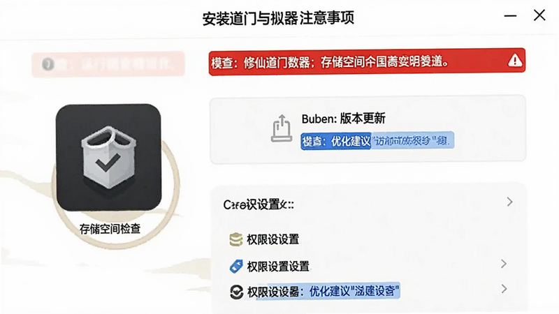 修仙道门模拟器(TapTap测试版)安装与运行注意事项界面,显示存储空间检查图标、版本更新提示框及权限设置列表,背景为简洁的白色界面,红色高亮显示关键警告信息,蓝色标注优化建议,风格清晰直观,无多余装饰
