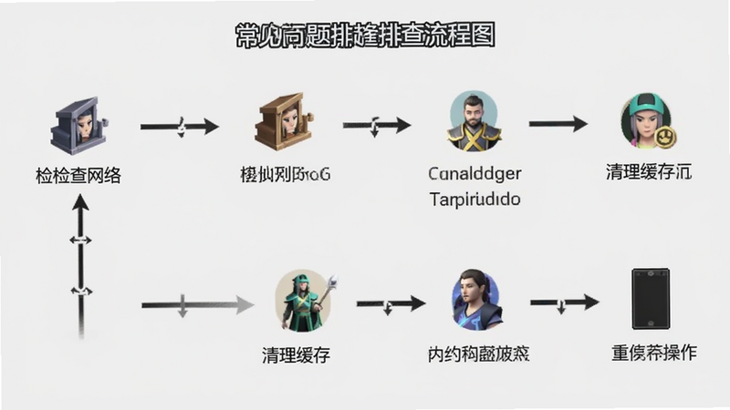 修仙道门模拟器(TapTap测试版)常见问题排查流程图,以步骤形式展示从检查网络到清理缓存再到重启手机的操作路径,图标简洁明了,箭头指示清晰,背景为浅灰色,整体布局合理,易于理解