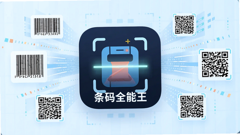 主体为“条码全能王”App图标悬浮在中央,背景为淡蓝色科技网格,周围环绕着条形码、二维码及数据流元素,布局中心对称,排版整洁有序,风格为现代扁平化科技风,细节展现扫描光束效果,画质高清,干净,无多余元素