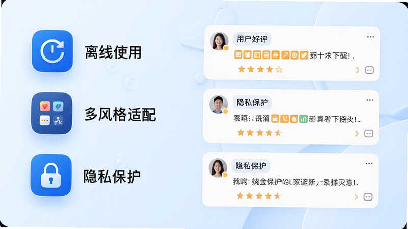 主体为软件特色对比图,背景为浅蓝色,左侧列出“离线使用”、“多风格适配”、“隐私保护”三个特色图标,右侧展示用户好评截图,排版清晰,风格现代,细节丰富,高清质感,无多余元素,干净简洁
