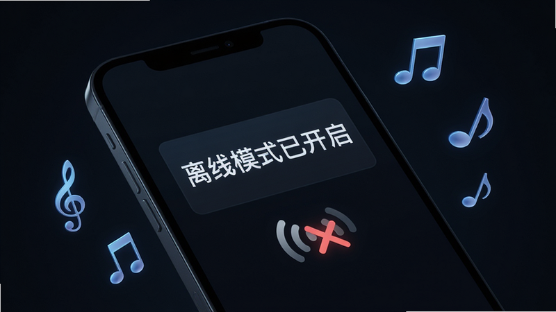 主体为离线模式状态展示,背景为深色,手机屏幕显示“离线模式已开启”字样,下方有信号关闭图标,周围漂浮着音乐符号,暗示即使在无网状态下也能创作,布局简洁,重点突出离线功能,风格科技冷峻,细节清晰,画质高,无多余文字干扰