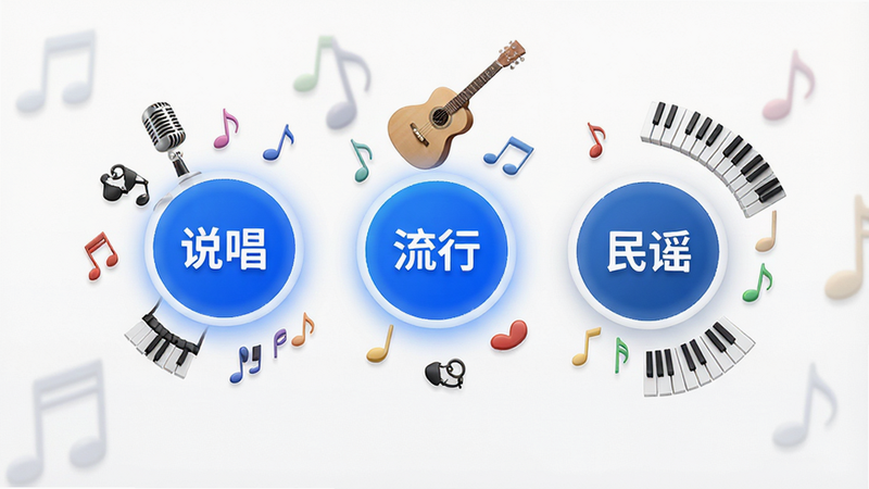 主体为风格选择界面,背景为白色,中间有三个圆形图标分别代表“说唱”、“流行”、“民谣”,选中状态为蓝色高亮,周围环绕着对应的音乐符号装饰,如麦克风、吉他、钢琴键,排版居中,风格现代简约,色彩搭配和谐,细节精致,高清渲染,无杂乱元素