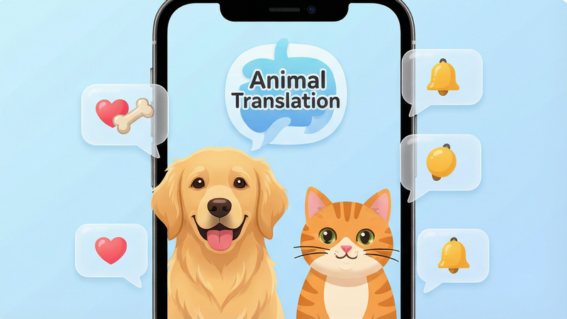 ����һ��չʾ�ֻ���Ļ����ĸ���ͼ����Ļ������ʾ��Animal Translation��Ӧ��Logo������Ϊ��͵�ǳ��ɫ���䣬��Ļ����һֻ�ɰ��Ľ�ëȮ��һֻ��è��Ծ�ͷ����ΧƯ���Ű�͸���ĶԻ����ݣ���������ʾ���ġ���ͷ��������ͼ�꣬�����������������ͼ�����������¿ɰ�������ʸ���廭���޶������֣��ɾ�������8k�ֱ���