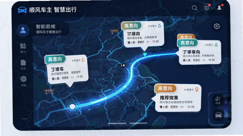 展示“顺风车主智慧出行”的智能匹配界面,地图上有一条发光的推荐路线,旁边浮动着几个带有“高意向”标签的订单气泡,视觉焦点集中在路线与订单的关联上,风格科技感强,细节丰富,高清画质,干净背景