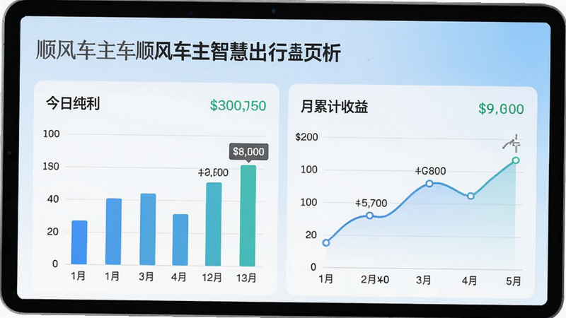 展示“顺风车主智慧出行”的收益分析页面,屏幕上显示柱状图和折线图,数据标签清晰可见,如“今日纯利”、“月累计收益”,背景为淡蓝色渐变,字体清晰易读,整体排版专业严谨,4k分辨率,无水印