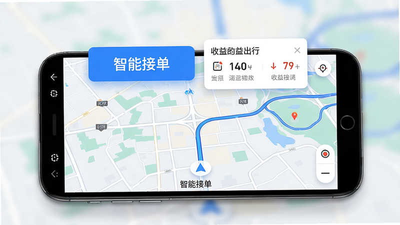 展示“顺风车主智慧出行”安卓应用主界面,屏幕中央显示清晰的地图导航背景,上方悬浮着醒目的“智能接单”按钮和收益统计卡片,整体采用蓝白科技配色,布局整洁,细节处体现UI设计的精致感,4k高清画质,无多余元素,干净背景