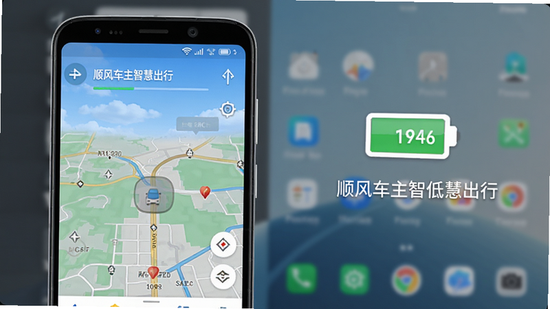 展示“顺风车主智慧出行”在安卓手机上的运行状态,手机屏幕上显示着流畅的地图界面,旁边有一个电池图标显示电量充足,背景是简洁的桌面壁纸,强调软件的稳定运行和低功耗表现,高清画质,无多余元素