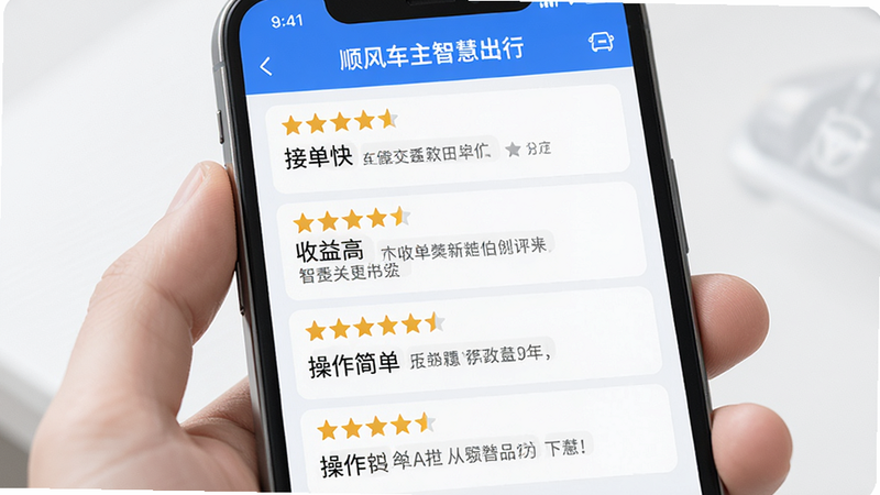 展示“顺风车主智慧出行”的用户评价页面,屏幕上显示多条五星好评,评论内容涉及“接单快”、“收益高”、“操作简单”等关键词,界面整洁,字体清晰,背景为浅色,传达出良好的用户体验,高清画质,无水印