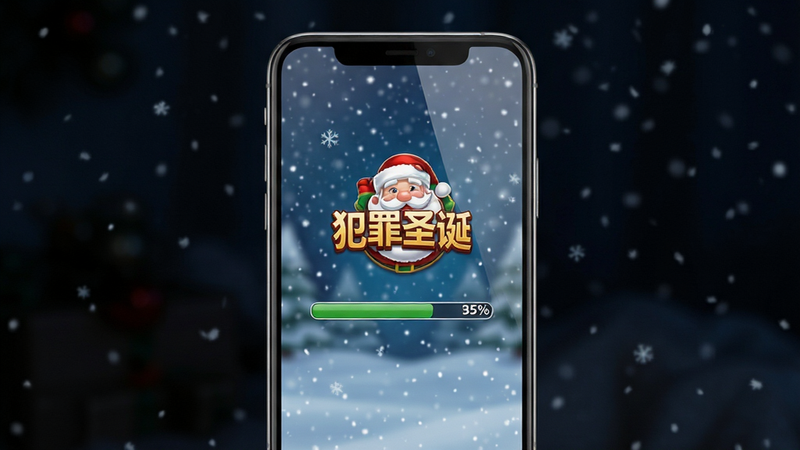 主体为一部智能手机屏幕,显示着《犯罪圣诞老人》的游戏加载界面,背景是雪花飘落的场景。布局为手机居中,屏幕内容清晰可见,周围是深色模糊背景。排版简洁,突出屏幕内的游戏Logo和进度条。风格为写实摄影风格,光影柔和。细节包括手机边框的金属质感、屏幕上的反光、加载进度条的百分比数字。画质高清,干净,无多余元素