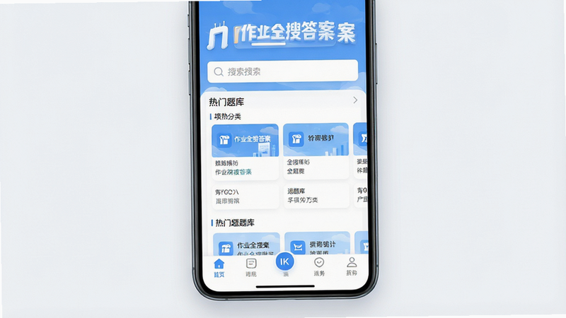 一张高清的应用界面展示图,主体为“作业全搜答案”App的主界面,布局简洁现代,顶部有搜索框,中部显示热门题库分类,底部为导航栏,风格扁平化,色调清新蓝白,细节清晰,画质8k,干净无多余元素,文字“作业全搜答案”清晰可见