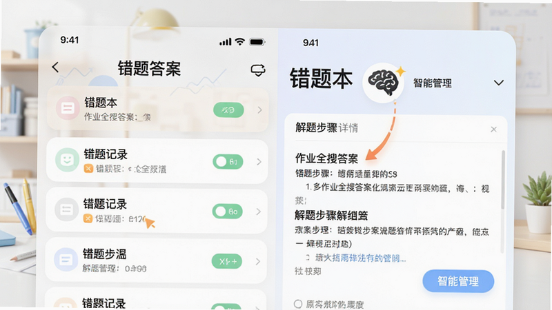 一张展示“作业全搜答案”错题本功能的UI设计图,左侧为列表形式显示的错题记录,右侧为详情页面展示解题步骤,界面整洁,配色柔和,突出“智能管理”概念,细节丰富,高清渲染,文字“错题本”清晰,无杂乱背景