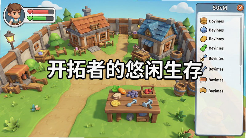 主体为《开拓者的悠闲生存(有转化桌)》游戏主界面全景,布局清晰,左侧显示角色状态,中间展示基地建筑与资源转化桌,右侧为任务列表,风格为清新卡通3D渲染,细节丰富,画质高清,干净无多余元素,文字“开拓者的悠闲生存”醒目居中