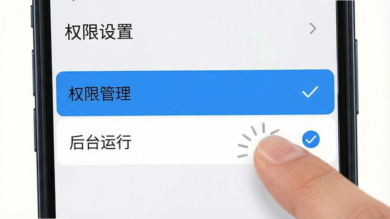 主体为手机设置界面截图,布局清晰,高亮显示“权限管理”与“后台运行”选项,风格为简洁扁平化UI,细节突出手指点击动作与勾选标记,画质清晰,干净,无多余图标,文字“权限设置”清晰可见