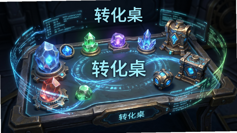 主体为游戏内的“转化桌”特写,布局紧凑,桌上摆放着各种发光的原材料与成品,周围环绕着数据流动的光效,风格为科幻与奇幻混合,细节突出物品光泽与能量流动,画质清晰,干净,无背景干扰,文字“转化桌”居中显示
