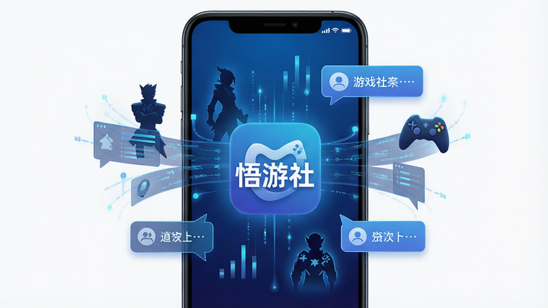 一张充满科技感的智能手机界面概念图,屏幕中心显示'悟游社'应用图标,周围环绕着游戏角色剪影、数据流和社交对话气泡,背景为深蓝色渐变,整体风格现代、简洁、高清,无多余文字,展现游戏社交平台的数字化与连接感