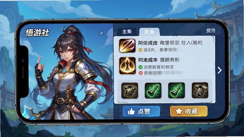 手机屏幕展示'悟游社'攻略页面,左侧为角色立绘,右侧为详细的技能说明和装备图标,底部有“点赞”和“收藏”按钮,界面布局清晰,色彩鲜明,突出专业性和实用性,风格为游戏UI设计