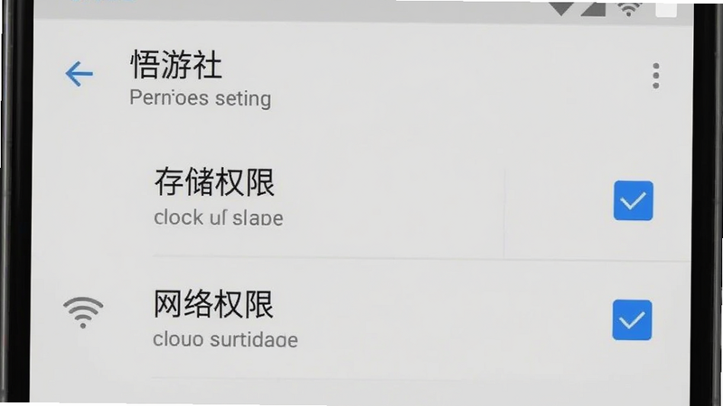 手机设置界面截图风格图,显示'悟游社'应用的权限管理页面,勾选了'存储权限'和'网络权限',背景为浅灰色,字体清晰,风格为安卓原生设置界面,体现权限配置过程