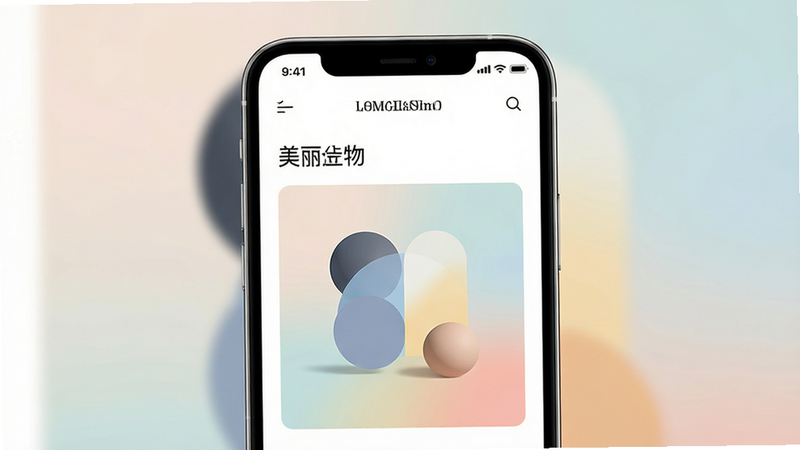 主体为一部竖屏智能手机,屏幕中央显示“美丽人造物”应用界面,布局简洁,顶部有导航栏,中部展示抽象几何图形与柔和色彩背景,排版留白充足,风格现代极简,细节呈现高清质感,画质清晰,干净无多余元素