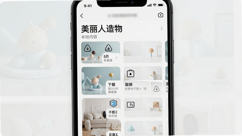 主体为手机离线模式界面,显示“美丽人造物”本地内容列表,布局紧凑,排版清晰,风格实用简洁,细节展示离线图标与已下载内容,画质清晰,干净无多余