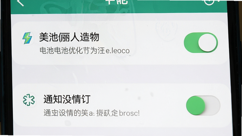 主体为手机设置界面,显示“美丽人造物”应用的电池优化与通知设置选项,布局清晰,排版简洁,风格实用主义,细节展示开关按钮与说明文字,画质清晰,干净无干扰