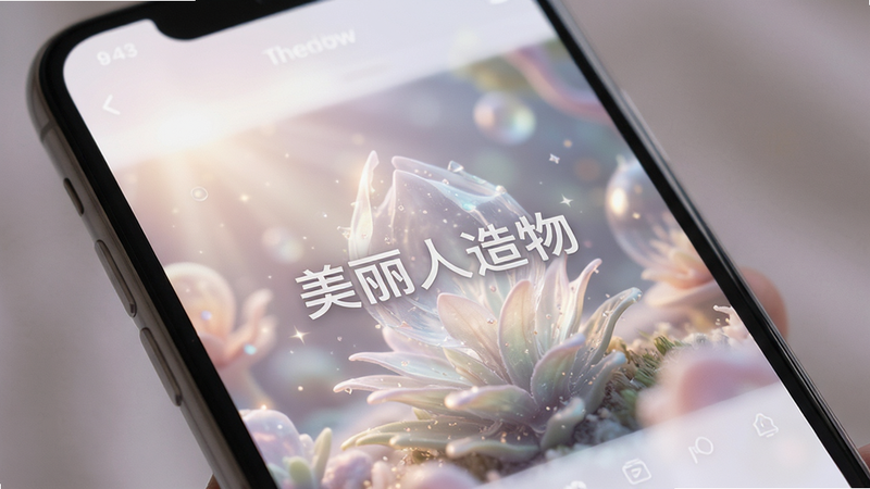 主体为手机屏幕特写,显示“美丽人造物”应用内的全屏浏览模式,布局无侧边栏,排版聚焦中心内容,风格梦幻柔和,细节展现光影效果,画质超清,干净无杂点