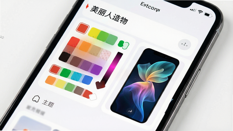 主体为手机设置界面,显示“美丽人造物”主题定制选项,布局整齐,排版清晰,风格简约科技,细节展示色彩选择器与预览窗,画质细腻,干净无冗余