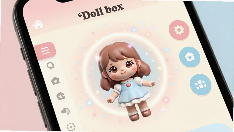 ��������Ϊ�ֻ���Ļ��д����Ļ����ʾ����Ϊ��Doll box����Ӧ�ý��档����������������һ���ɰ��Ŀ�ͨ��ż����ΧƯ������͵Ĺ��Ρ��Ű��࣬����д�ֱ�˵������Ҳ��ǹ��ܰ�ť�����Ϊ��������ϵ��ɫ���Ե��ۡ��װ׺�ǳ��Ϊ����ϸ�ڷḻ����ż����������������ϸ΢��������Ч�����ʸ��壬�ɾ����޶���Ԫ�أ����֡�Doll box�������ɼ���