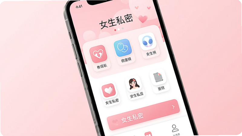 一张展示“女生私密”APP主界面的高清渲染图,主体为手机屏幕,布局简洁,背景为柔和的淡粉色渐变,排版清晰,风格现代简约,细节展示应用图标和主要功能入口,画质4k,干净,无多余元素,文字包含“女生私密”